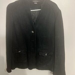 Eileen Tracy Cotton Linen Black‎ Tweed Collarless Jacket Blazer Size 14